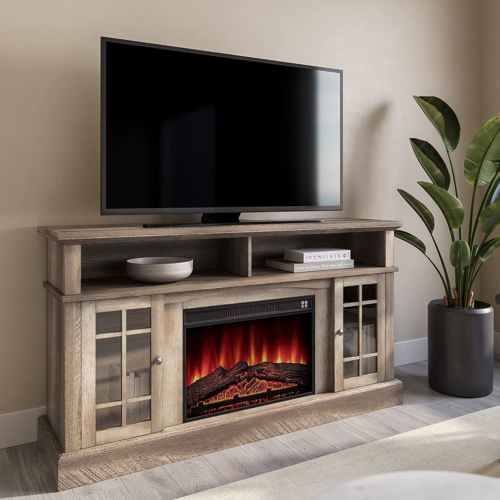 Rustic Electric Fireplace TV Stand with Open Storage Shelves & Cabinets K260