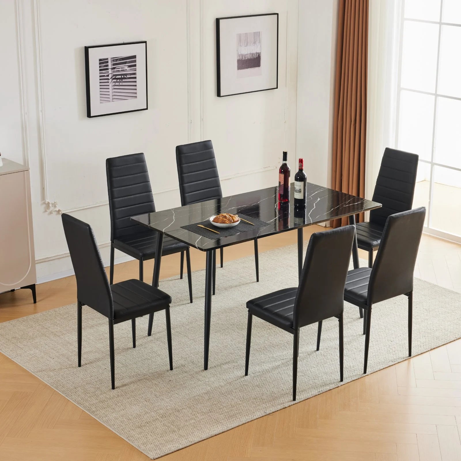55" Black Faux Marble Dining Table Set with PU Chairs I268532