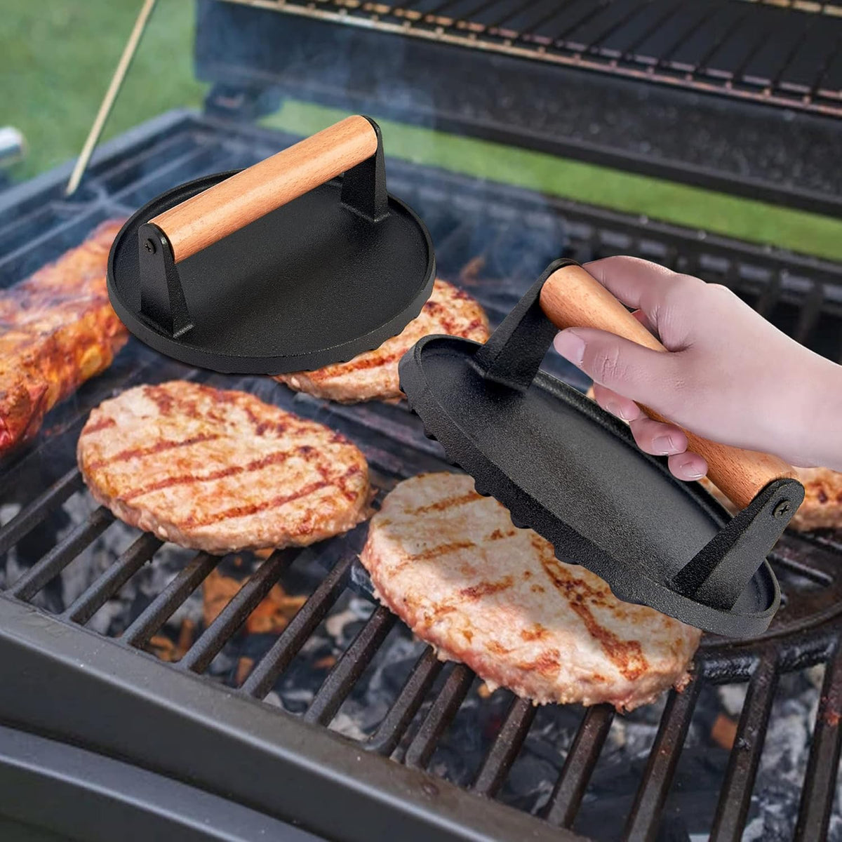 Cast Iron Burger Press Set of 2, 7 Inch Round with Wooden Handle B6753