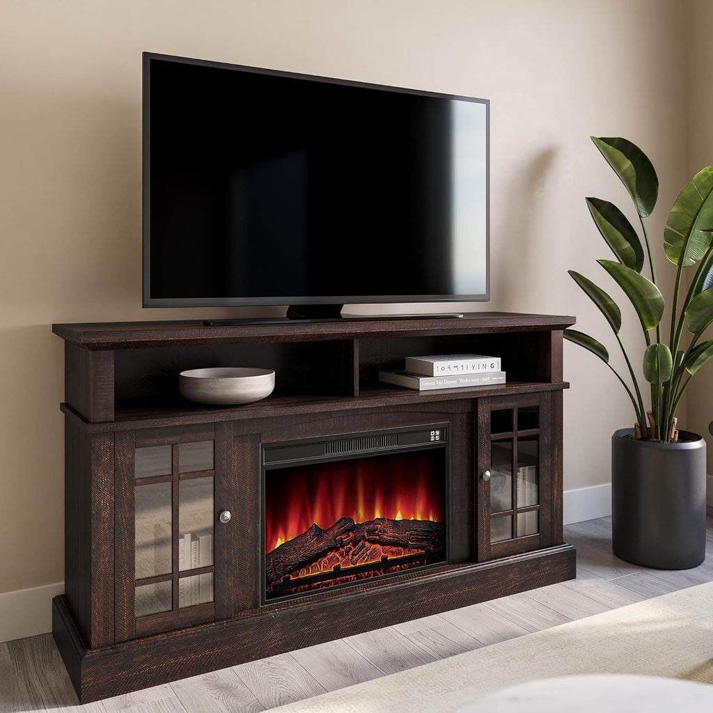 Rustic Electric Fireplace TV Stand with Open Storage Shelves & Cabinets K260