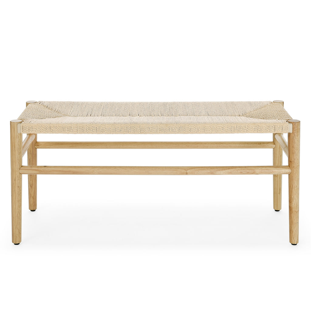Indoor Entryway Bench with Paper Cord Ottoman, Rubber Wood Legs U4141