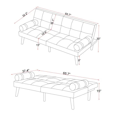 Grey Linen Convertible Sofa Bed Futon with Solid Wood Legs U6419