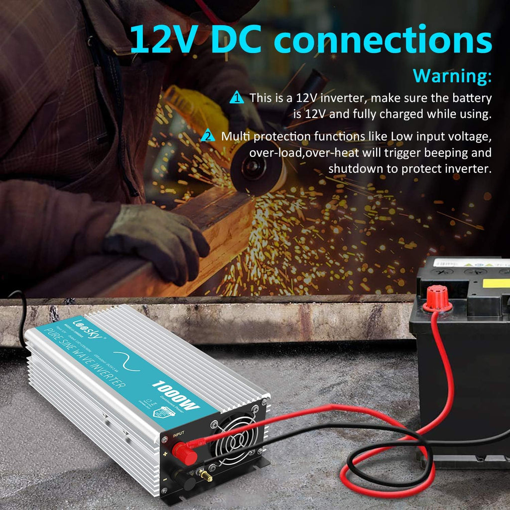 1000W Pure Sine Wave Power Inverter DC 12V to AC 110V 120V with 2.4A USB Port & 2 AC Outlets Remote Controller C493790