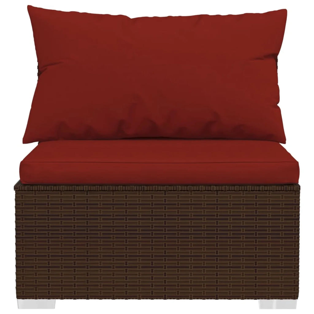 6 Piece Poly Rattan Brown Outdoor Sectional Sofa Set with Red Cushions P8168