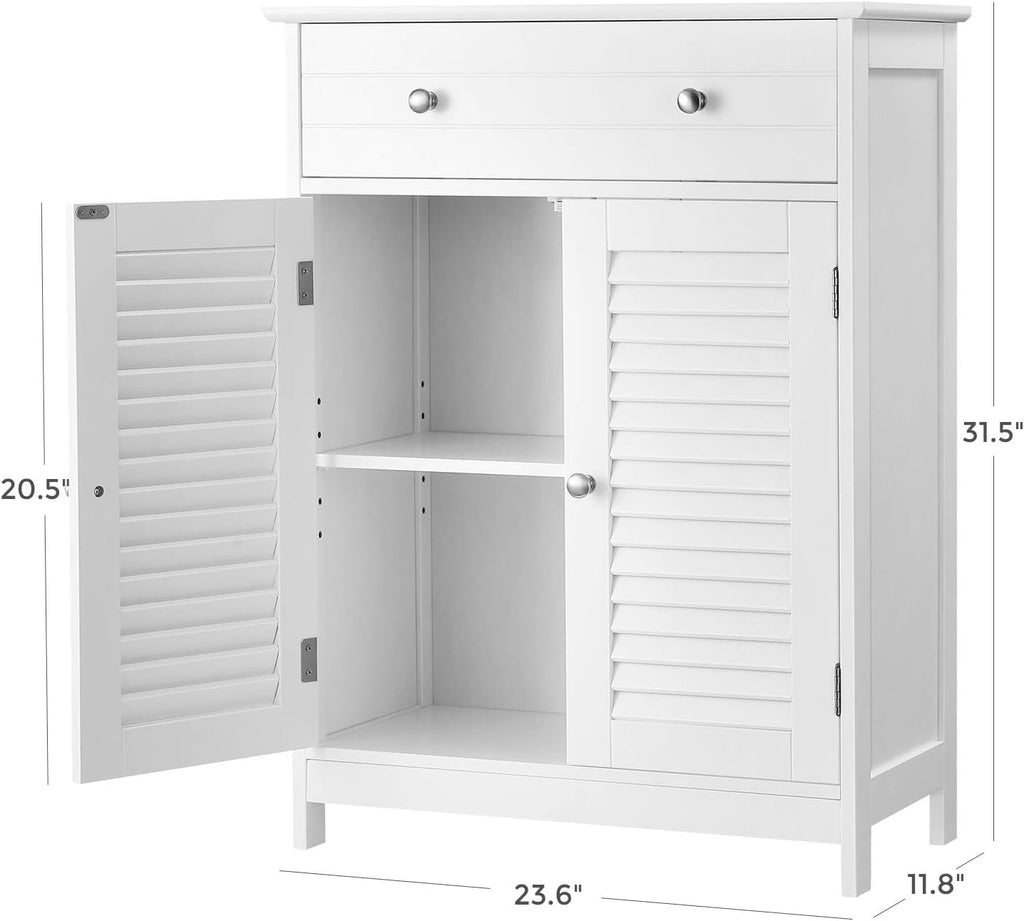 Matte White Free-Standing Bathroom Cabinet with 2 Louvered Doors and Drawer A69596