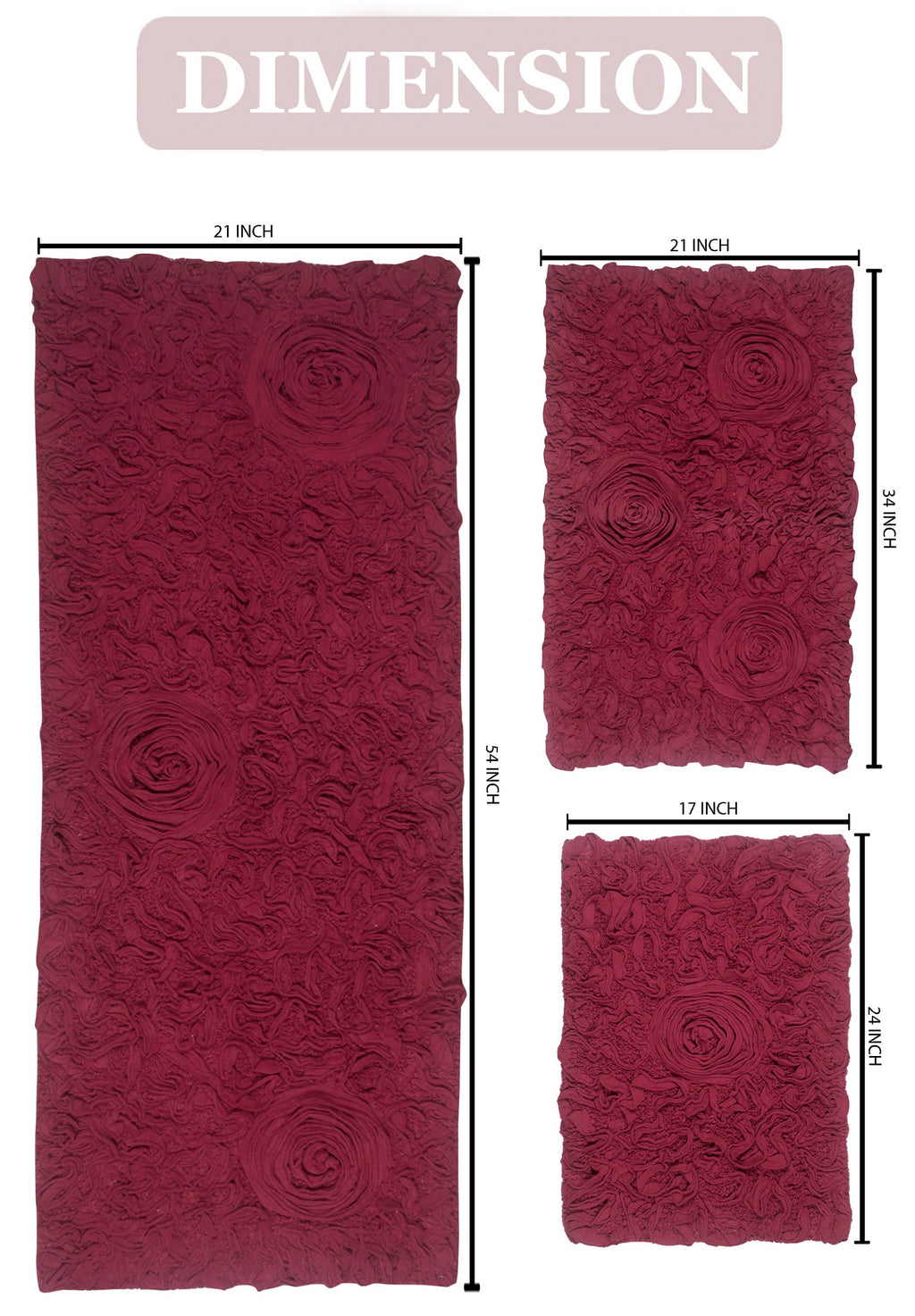 Red 3 Piece Cotton Non-Slip Bathroom Rug Set with Runner Rug E63678