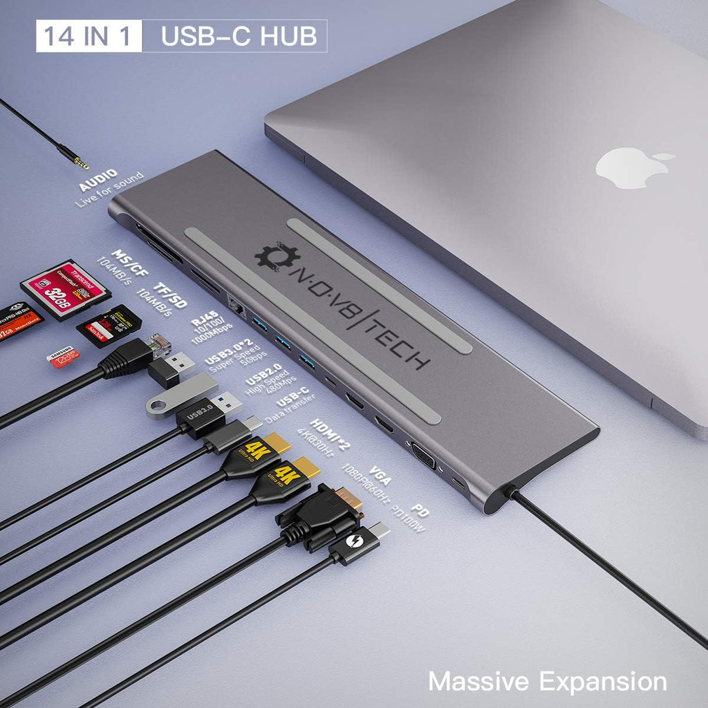 USB C Laptop Docking Station, 14in1 Triple Display 2 HDMI & VGA, 100W USB-C PD, Gigabit Ethernet, 2X USB 3, Card Reader, Audio G378843