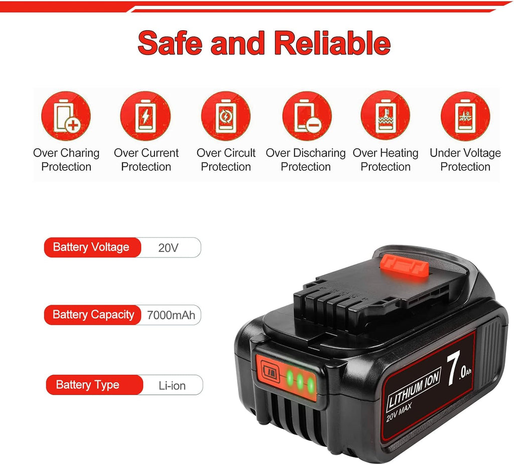 7.0 Ah 2Packs Replacement Lithium ion Battery for Dewalt 20V Cordless Tools H8076