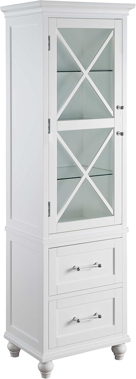 White Linen Tower Tall Narrow Storage Cabinet with 1 Door 3 Glass Tempered Shelves and 2 Drawers G460091