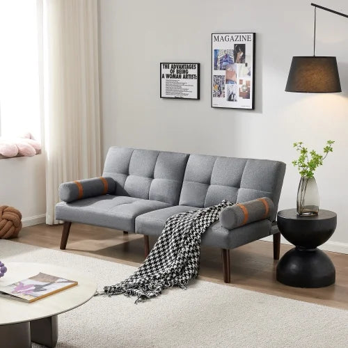Grey Linen Convertible Sofa Bed Futon with Solid Wood Legs U6419