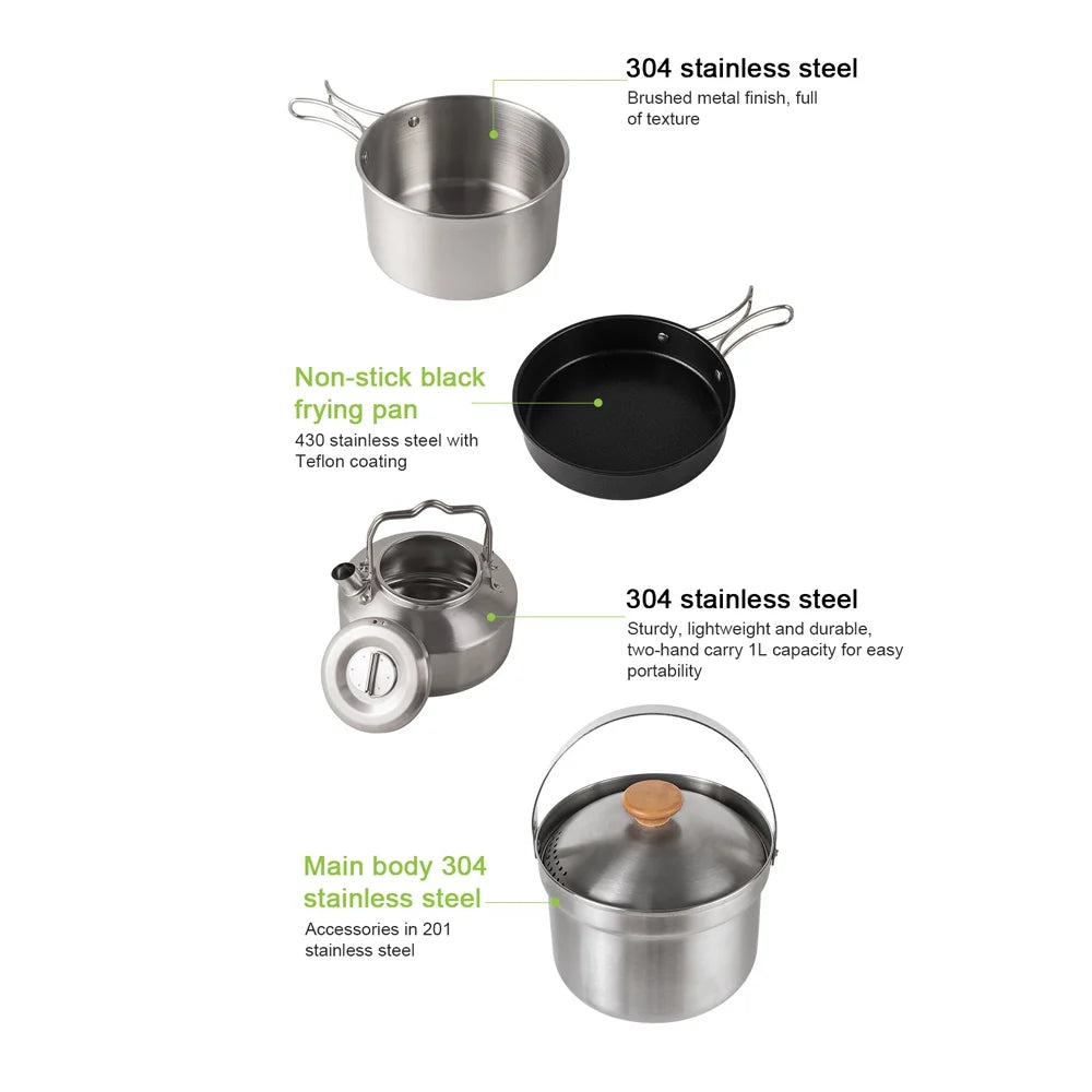 Stainless Steel Camping Cookware Set with Pot Frying Pan Kettle D78703