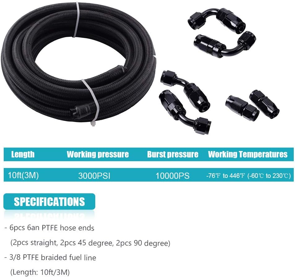 10FT 6 AN 3/8" Nylon Stainless Steel Braided PTFE E85 Fuel Line Fittings Kit with 6PCS Swivel Adapters Pack of 2 S37443