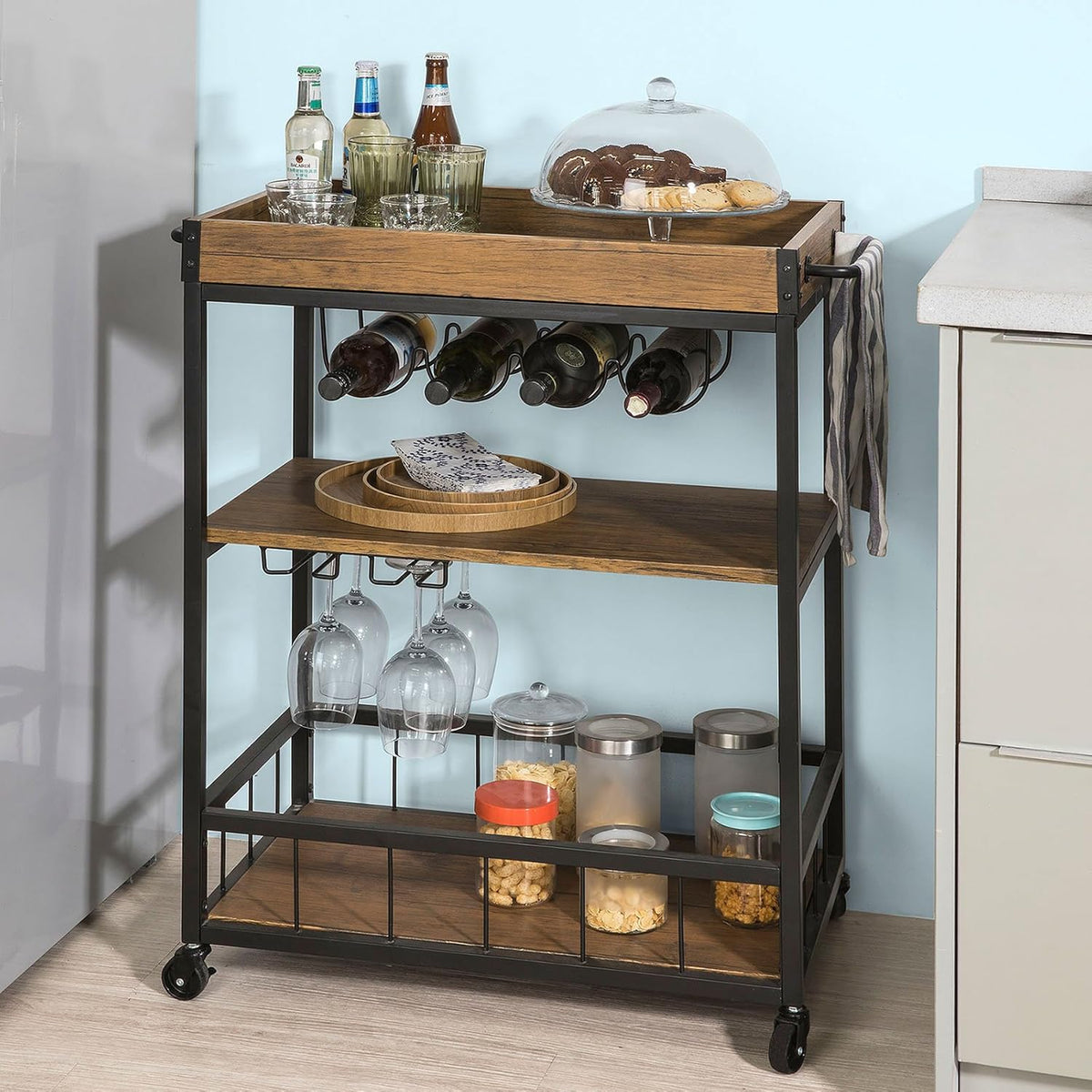 Brown Wood Metal Bar Serving Cart R60517