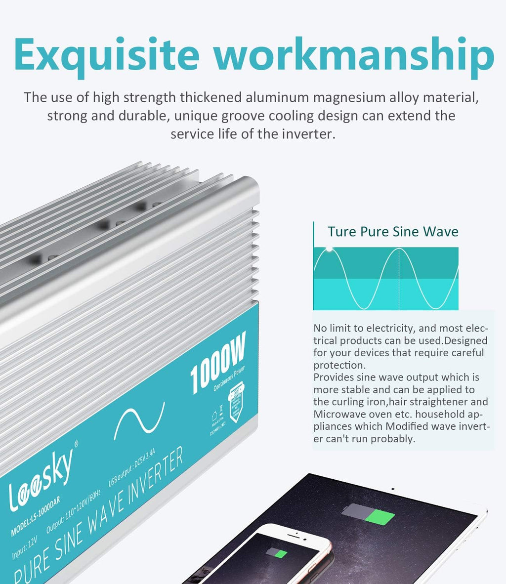 1000W Pure Sine Wave Power Inverter DC 12V to AC 110V 120V with 2.4A USB Port & 2 AC Outlets Remote Controller C493790