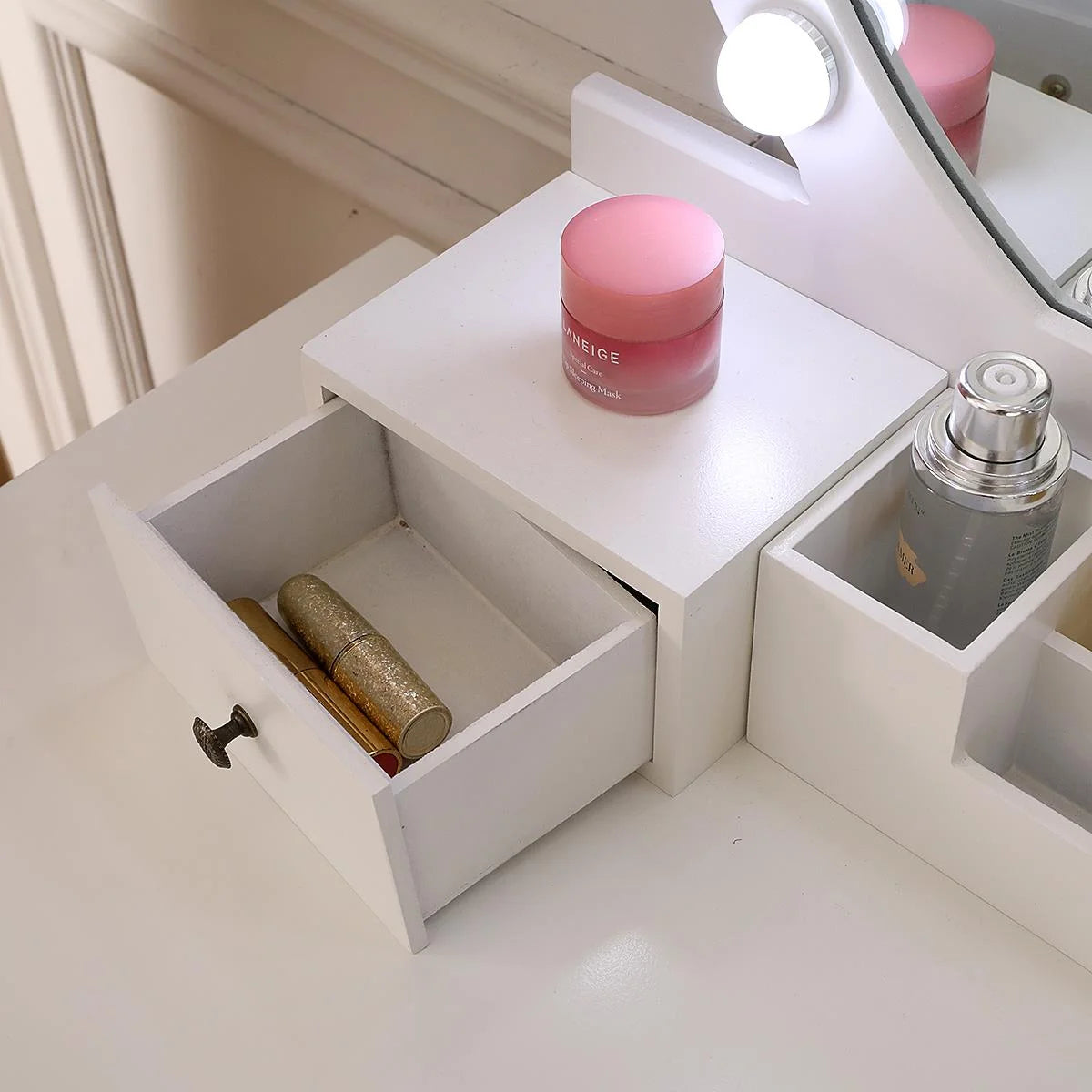 Vanity Table Set with 8 LED Lights Mirror, Wood Makeup Dressing Table with Stool & Drawer U37264
