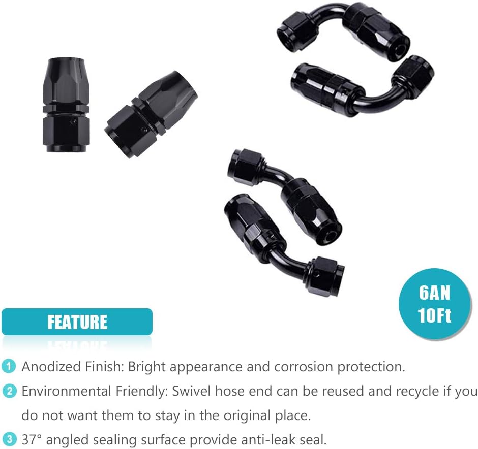 10FT 6 AN 3/8" Nylon Stainless Steel Braided PTFE E85 Fuel Line Fittings Kit with 6PCS Swivel Adapters Pack of 2 S37443