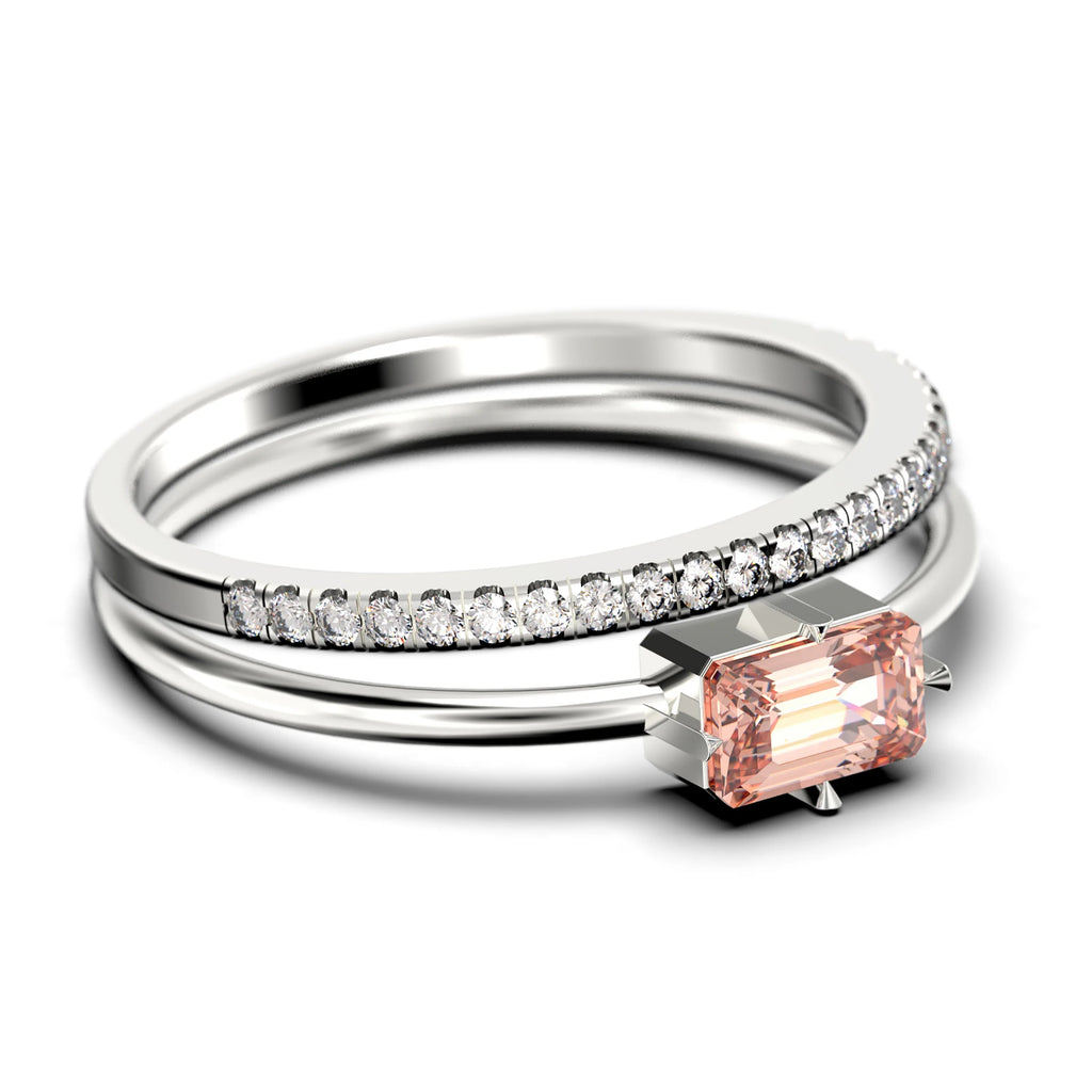 1.20 Carat Baguette Cut Morganite And Diamond Moissanite Engagement Ring in 925 Sterling Silver With 18k White Gold Plating W387009