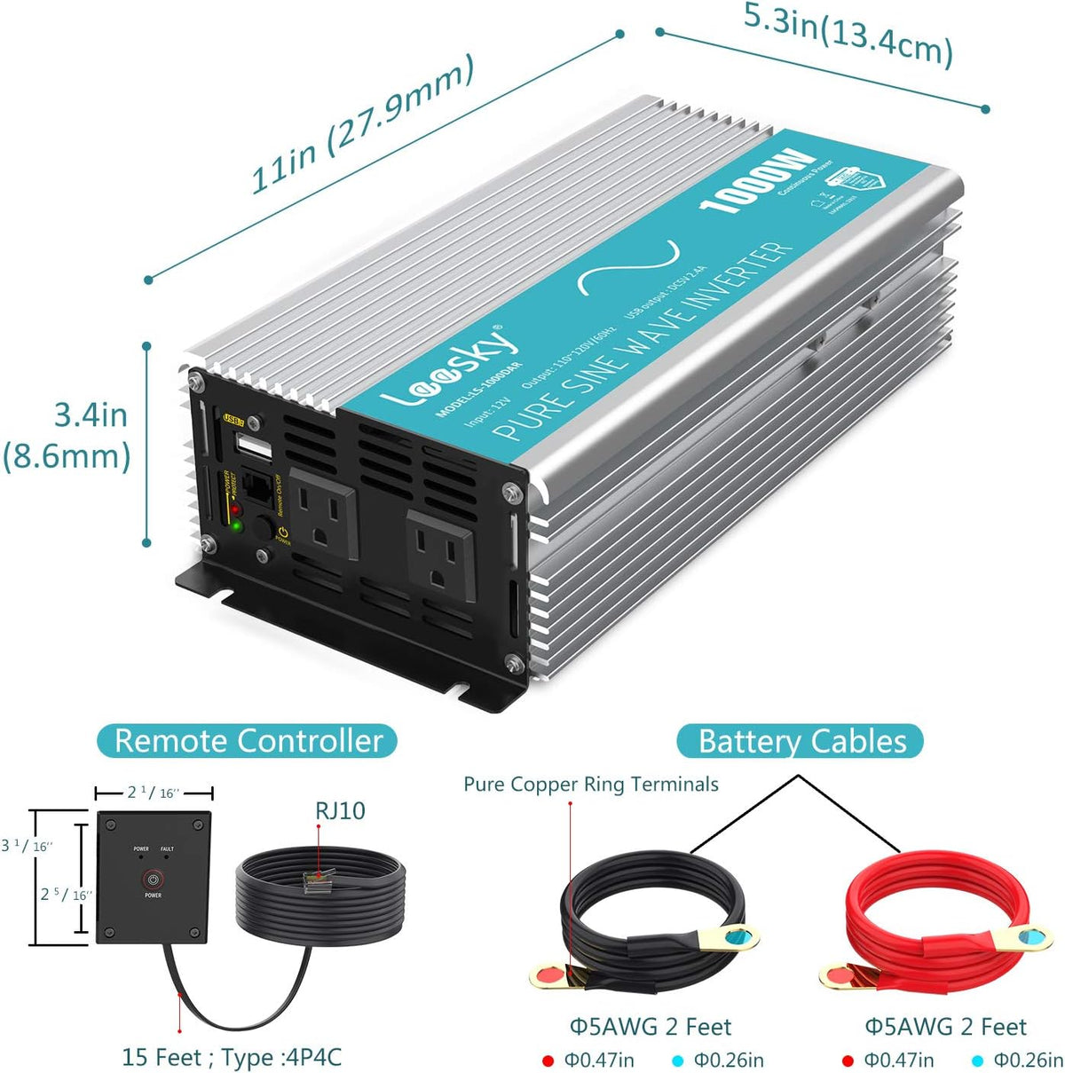 1000W Pure Sine Wave Power Inverter DC 12V to AC 110V 120V with 2.4A USB Port & 2 AC Outlets Remote Controller C493790