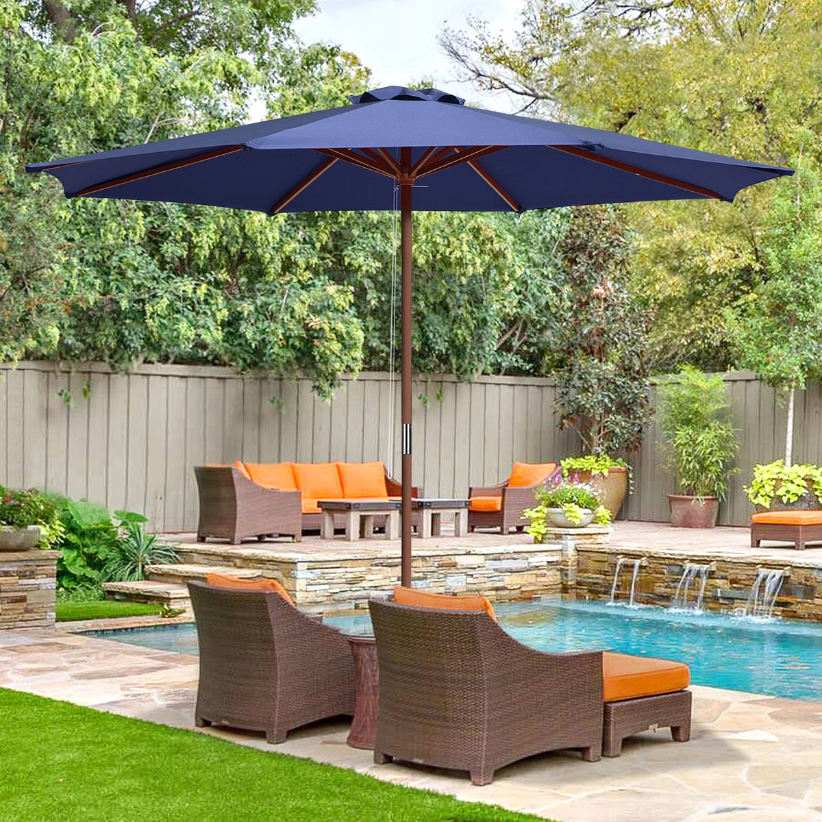 9ft Wooden Pole Patio Umbrella 8 Ribs W28464