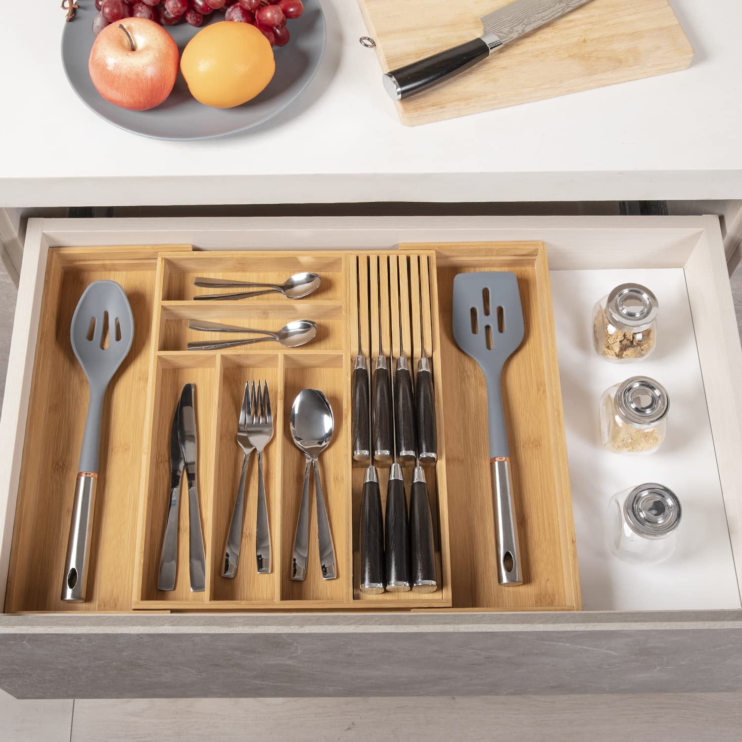 Bamboo Utensil Holder Expandable Drawer Organizer with Removable Knife Rack Y73370