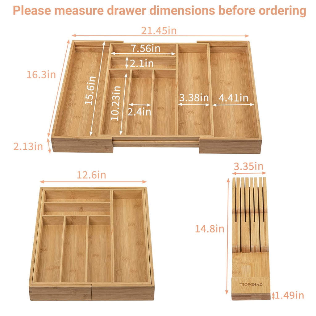 Bamboo Utensil Holder Expandable Drawer Organizer with Removable Knife Rack Y73370