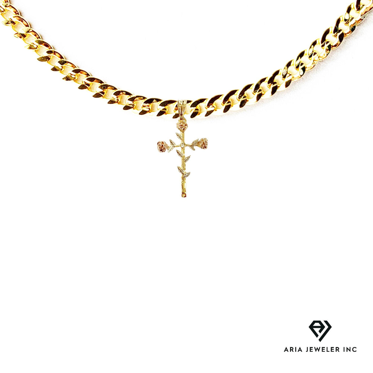 14k Bonded Gold Necklace with Rose Cross Pendant, 14K Cuban Chain Necklace U33659