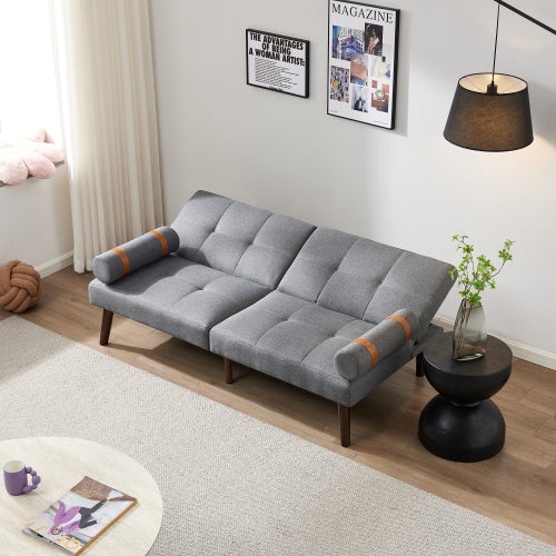 Grey Linen Convertible Sofa Bed Futon with Solid Wood Legs U6419