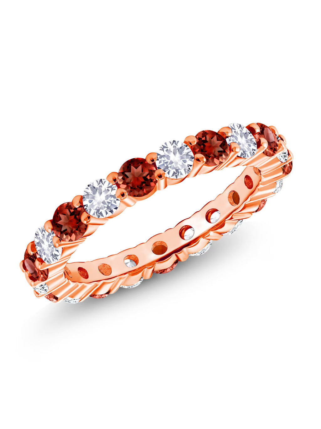 18K Rose Gold Plated Silver Round Red Garnet and White Created Sapphire Eternity Band Ring (1.50 Cttw) Y46841