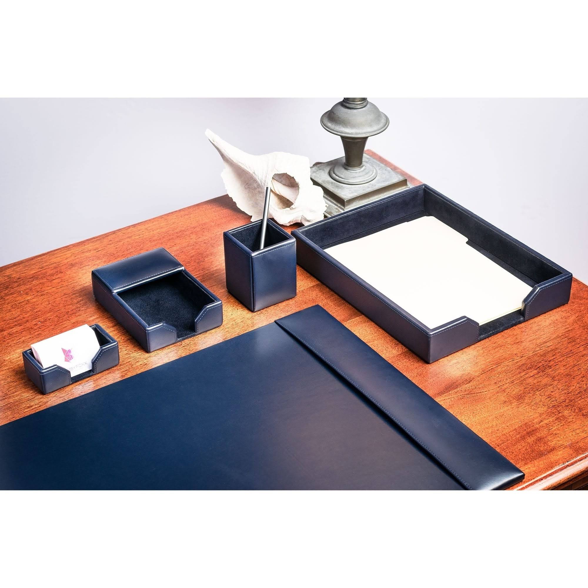 Navy Blue Bonded Leather 5-Piece Desk Set S314