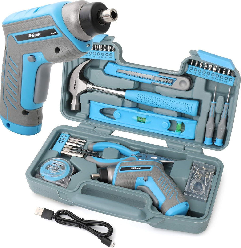 35 Piece Blue Home DIY Tool Kit with Electric Power Screwdriver F3582