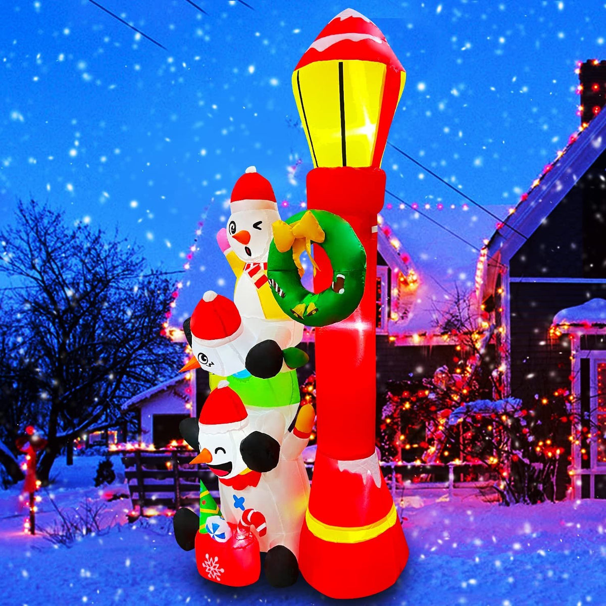6 FT Inflatable Snowmans Stack of 3 with Street Light Sign E85562