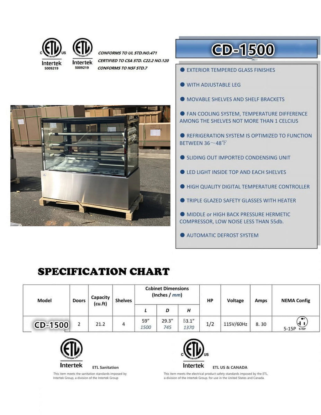 60" Wide Commercial Glass Display Cooler Refrigerator E1036
