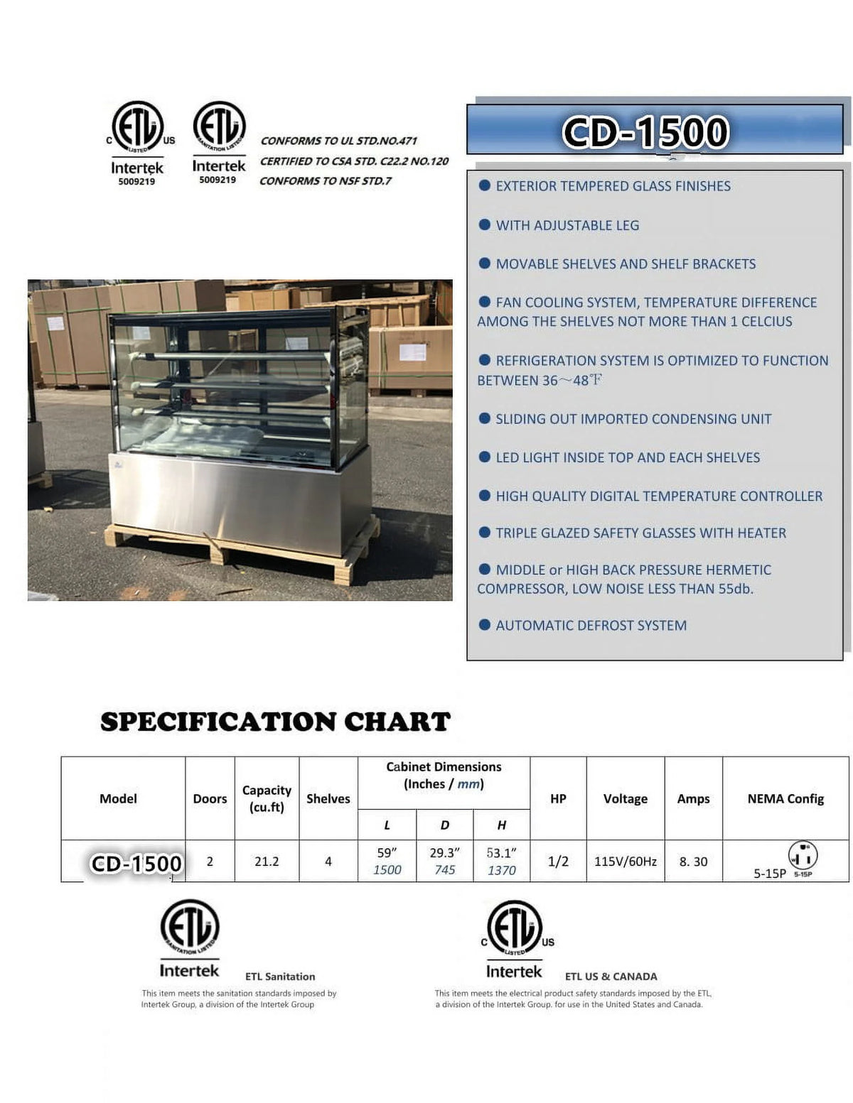 60" Wide Commercial Glass Display Cooler Refrigerator E1036