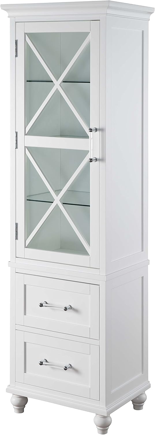 White Linen Tower Tall Narrow Storage Cabinet with 1 Door 3 Glass Tempered Shelves and 2 Drawers G460091