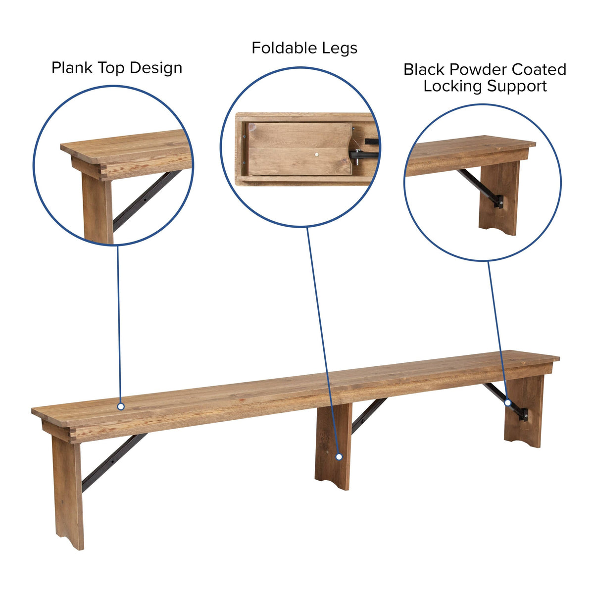 Black Solid Pine Folding Farm Bench with 3 Legs E879269
