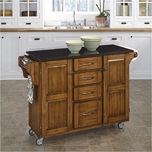 Black Granite Kitchen Cart in Cottage Oak Wood P15804