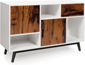 White&Walnut Storage Sideboard Cabinet with 1 Large Drawer, 2 Doors & 3 Open Shelves K81372