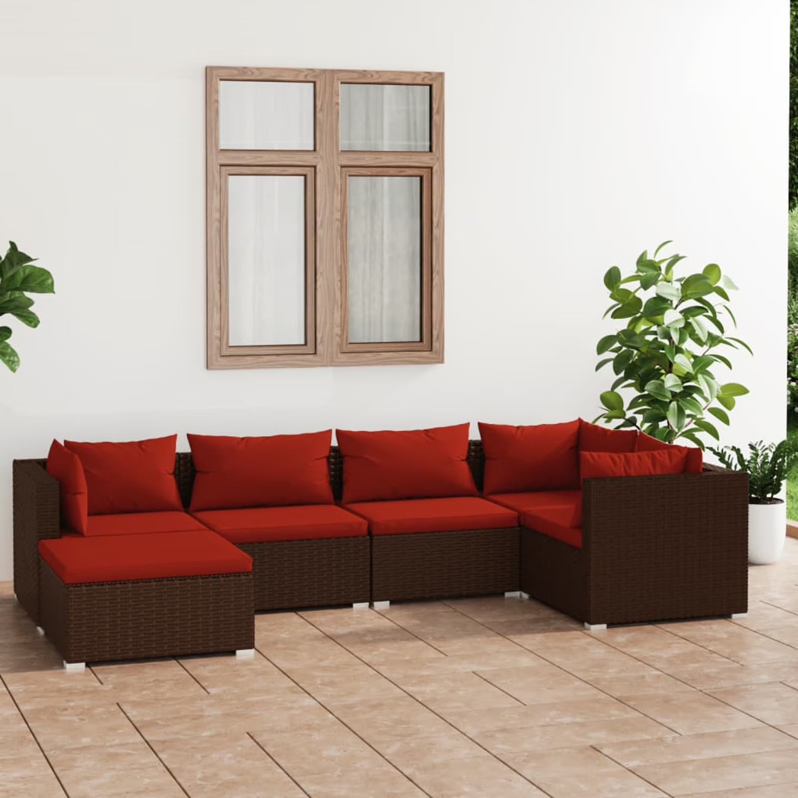 6 Piece Poly Rattan Brown Outdoor Sectional Sofa Set with Red Cushions P8168