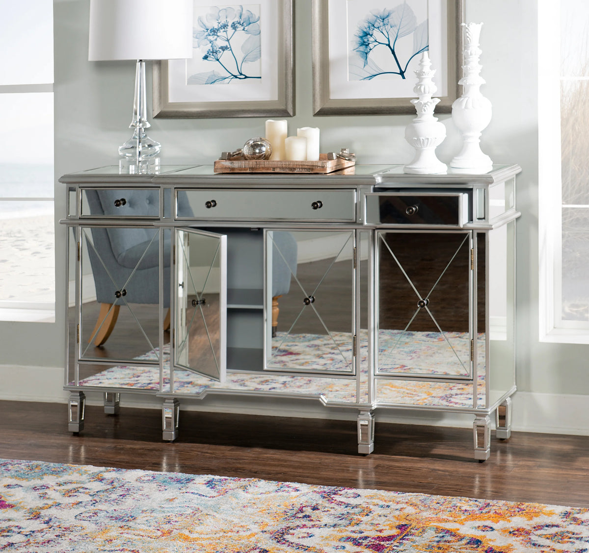 4-Door 3-Drawer Long Console Table with Shelves, Mirrored Surfaces, Silver Wood O961687