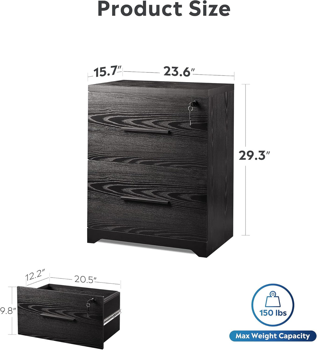 Black 2-Drawer Wood Lateral File Cabinet with Lock J2084