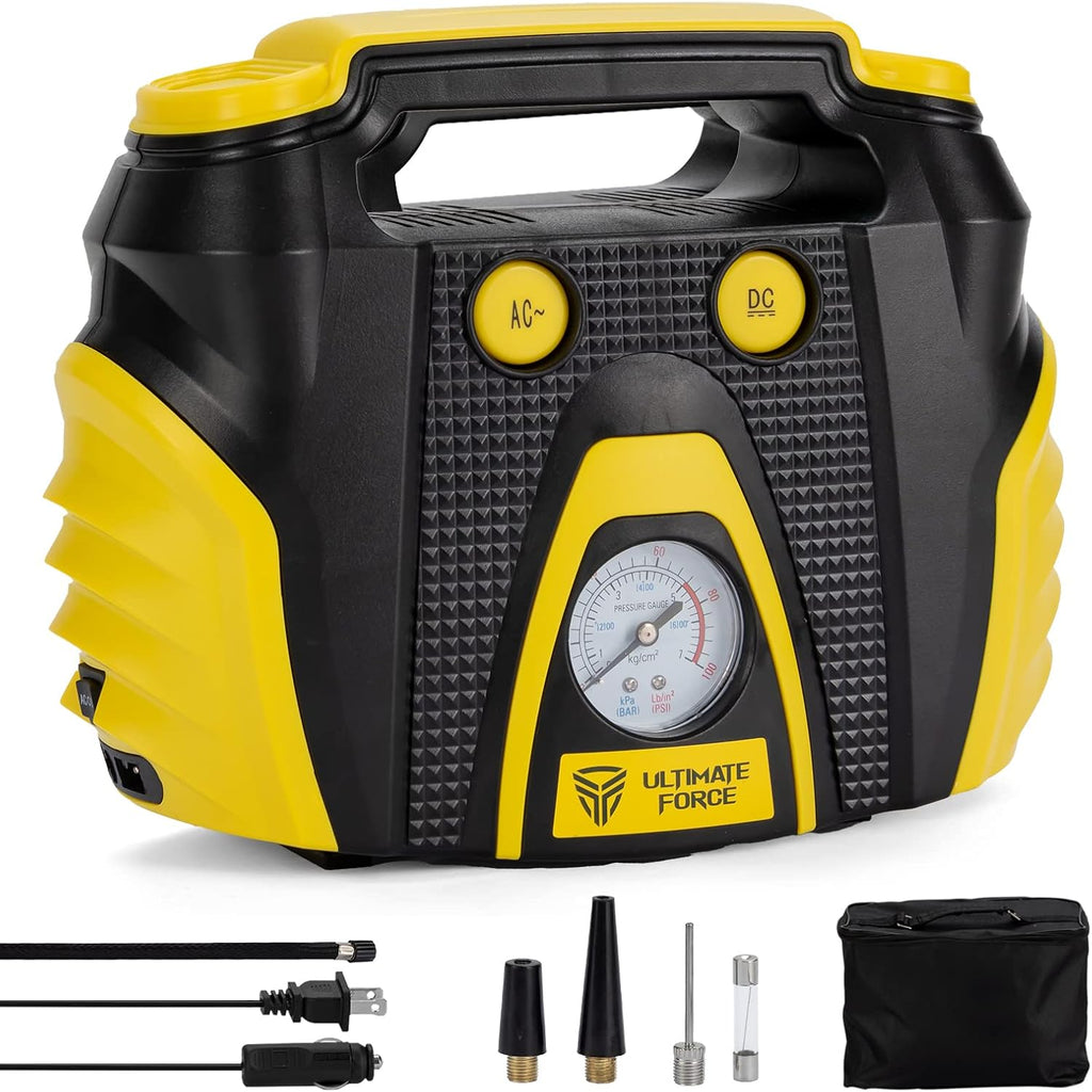 Portable Tire Inflator 12 V Air Compressor Pump with Dual Power, 3 Air Nozzle and Carrying Case, Yellow S76484