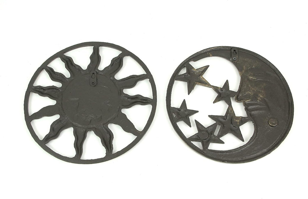 Set of 2 Antique Bronze Cast Iron Sun and Moon Wall Hanging Art Decor X1286
