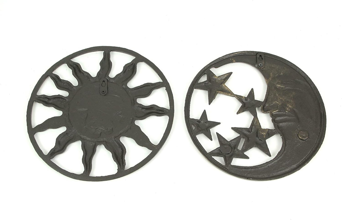 Set of 2 Antique Bronze Cast Iron Sun and Moon Wall Hanging Art Decor X1286