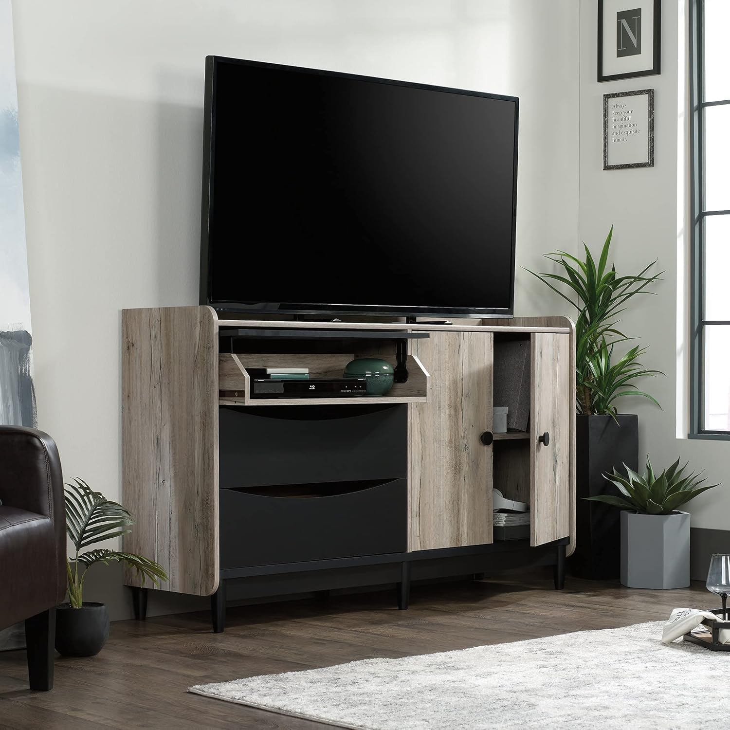 TV & Media Credenza with Drawers, Split Oak Finish U223