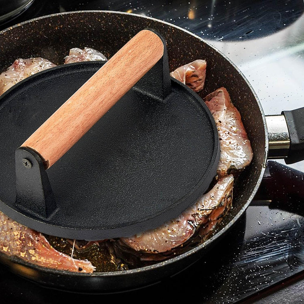 Cast Iron Burger Press Set of 2, 7 Inch Round with Wooden Handle B6753