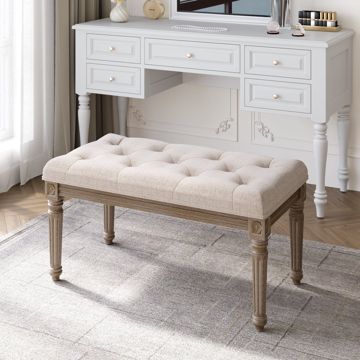 Upholstered Button Tufted Cushion Bench with Carved Wooden Legs B299