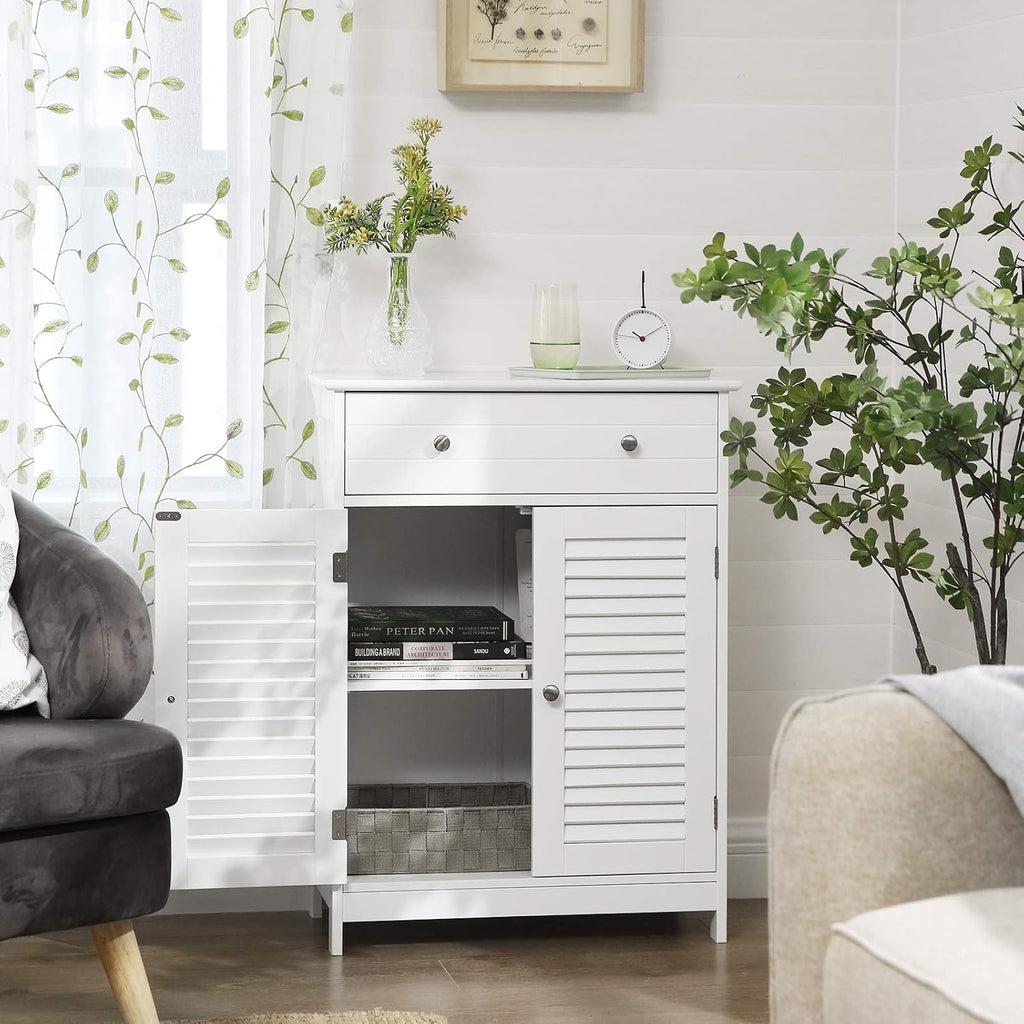 Matte White Free-Standing Bathroom Cabinet with 2 Louvered Doors and Drawer A69596