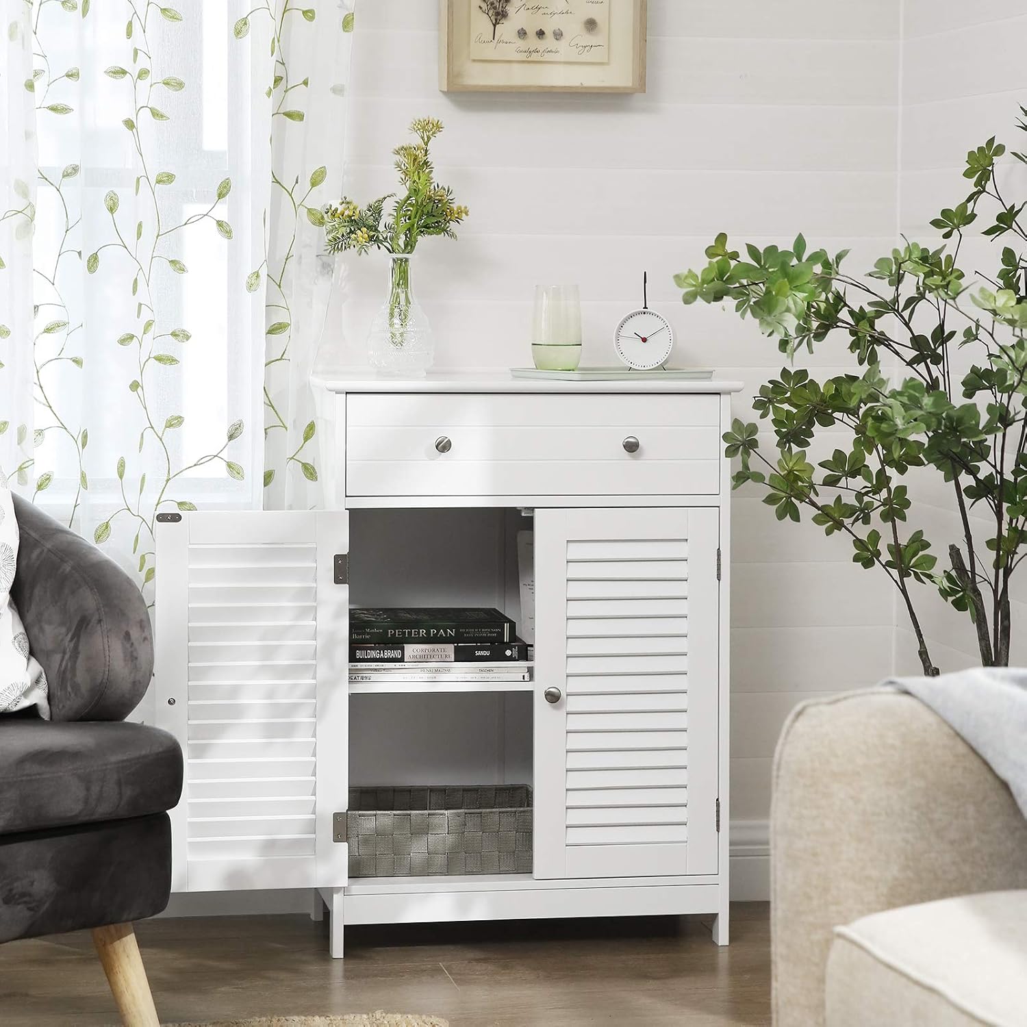 Matte White Free-Standing Bathroom Cabinet with 2 Louvered Doors and Drawer A69596