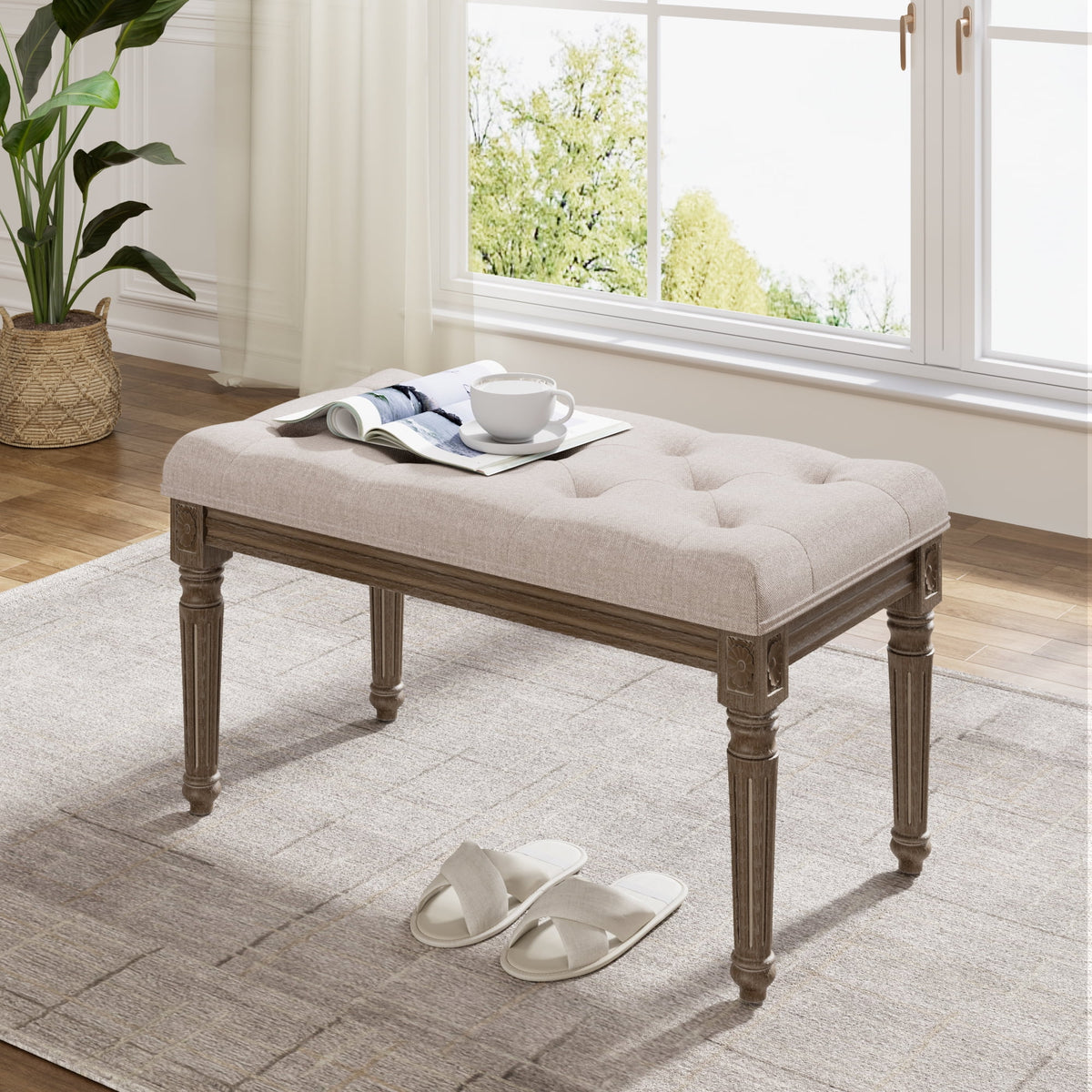 Upholstered Button Tufted Cushion Bench with Carved Wooden Legs B299