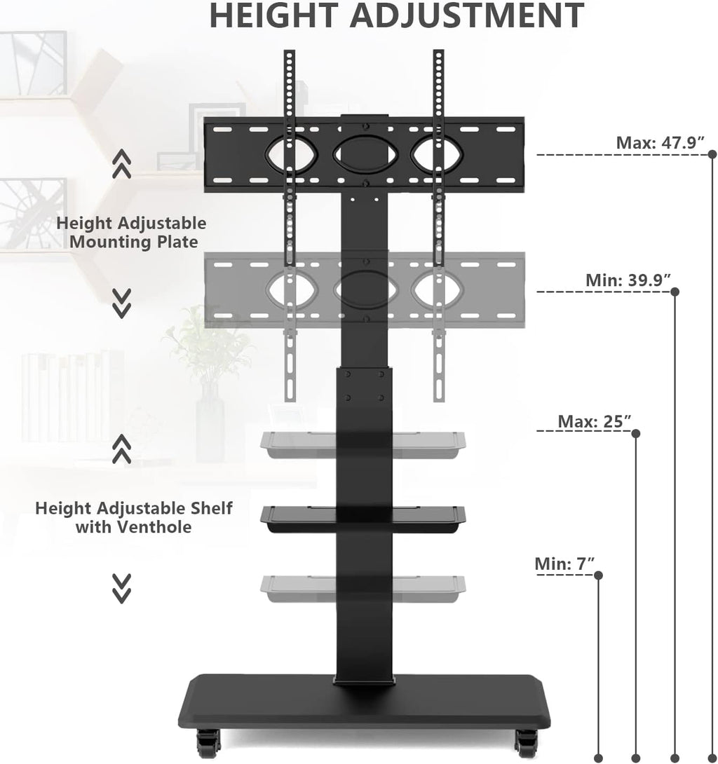 Rolling TV Stand with Wheels and Swivel Mount for 37 inch-70 inch LCD LED Flat Panel Screen TV, Portable Mobile TV Cart with Shelf, Height Adjustable, Max VESA 600x400mm G74951